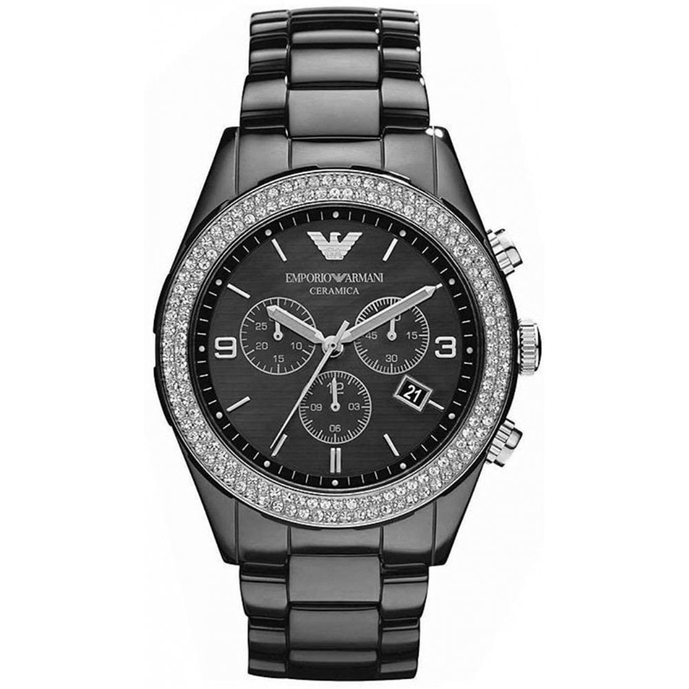 Emporio Armani Ladies Chronograph Watch Ceramica Crystal Black AR1455 Designer Watch Store