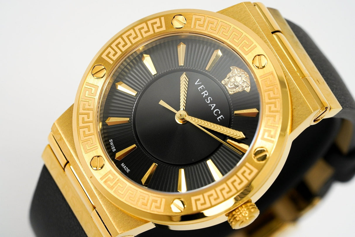 Versace Ladies Watch Greca Logo Gold Black Leather VEVH00320 - Watches & Crystals