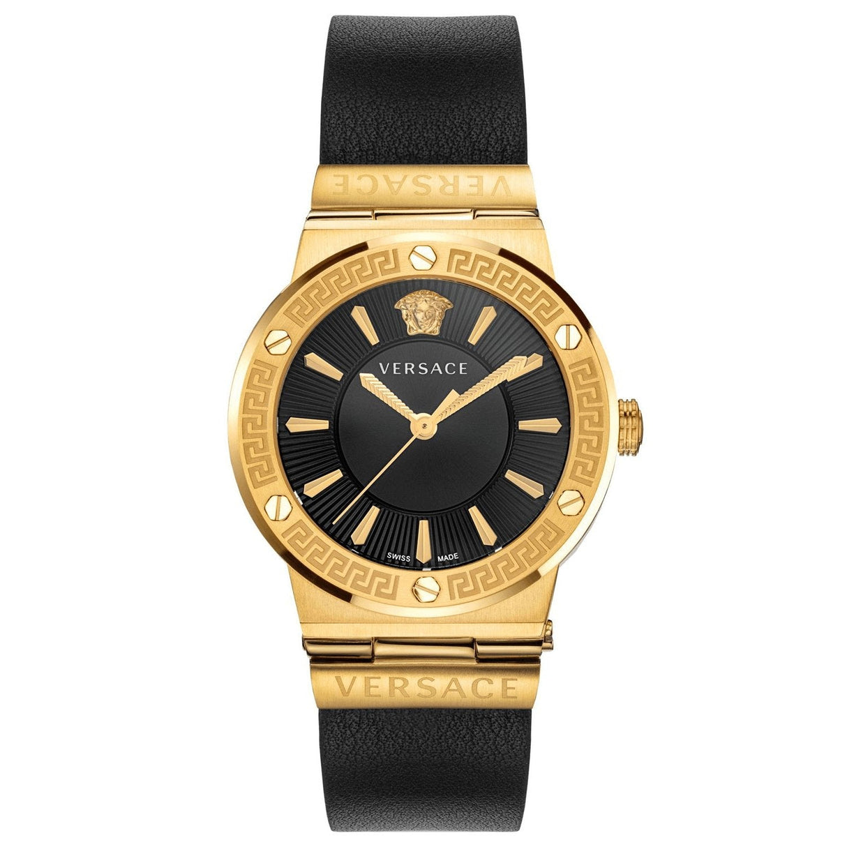 Versace Ladies Watch Greca Logo Gold Black Leather VEVH00320 - Watches & Crystals