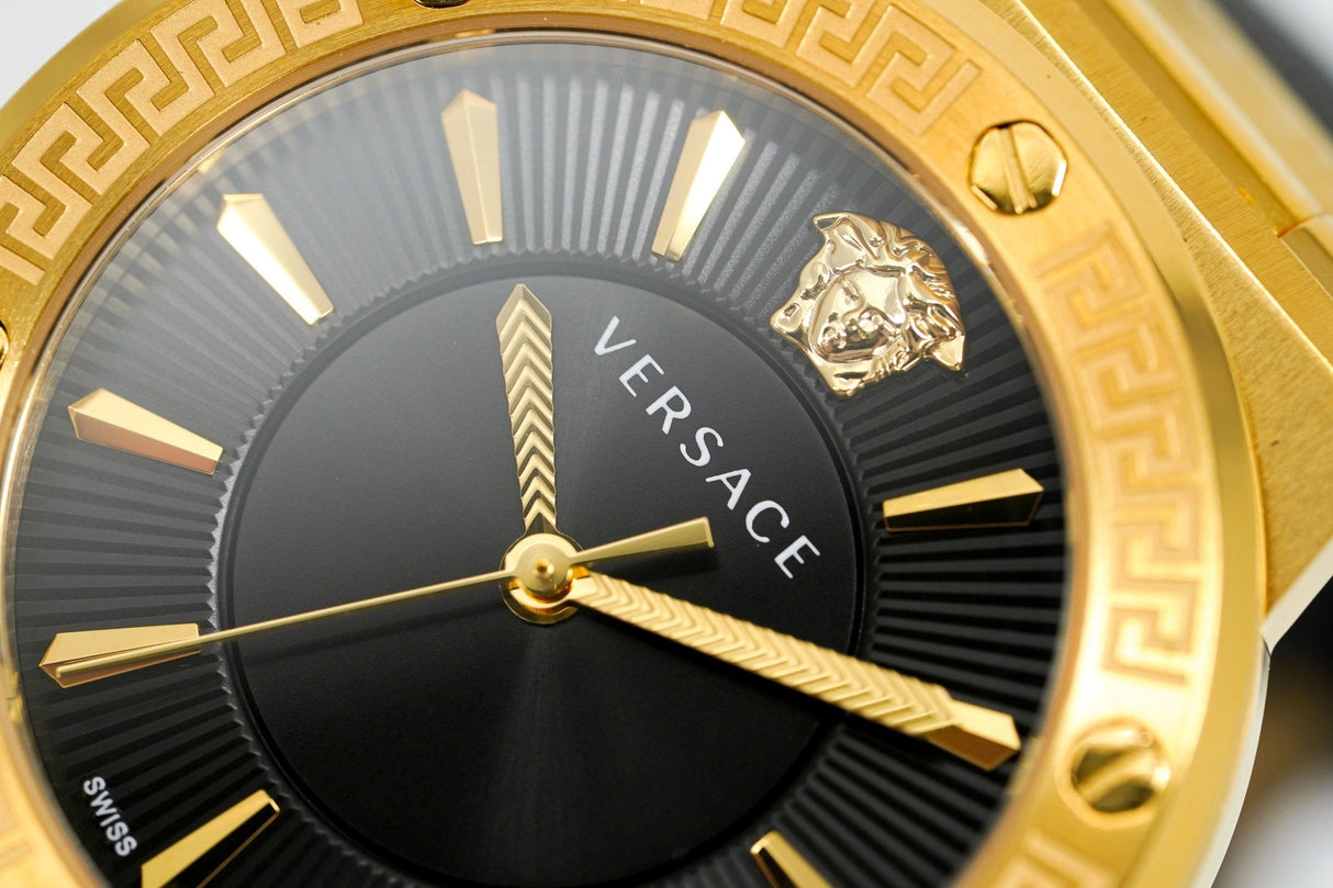 Versace Ladies Watch Greca Logo Gold Black Leather VEVH00320 - Watches & Crystals