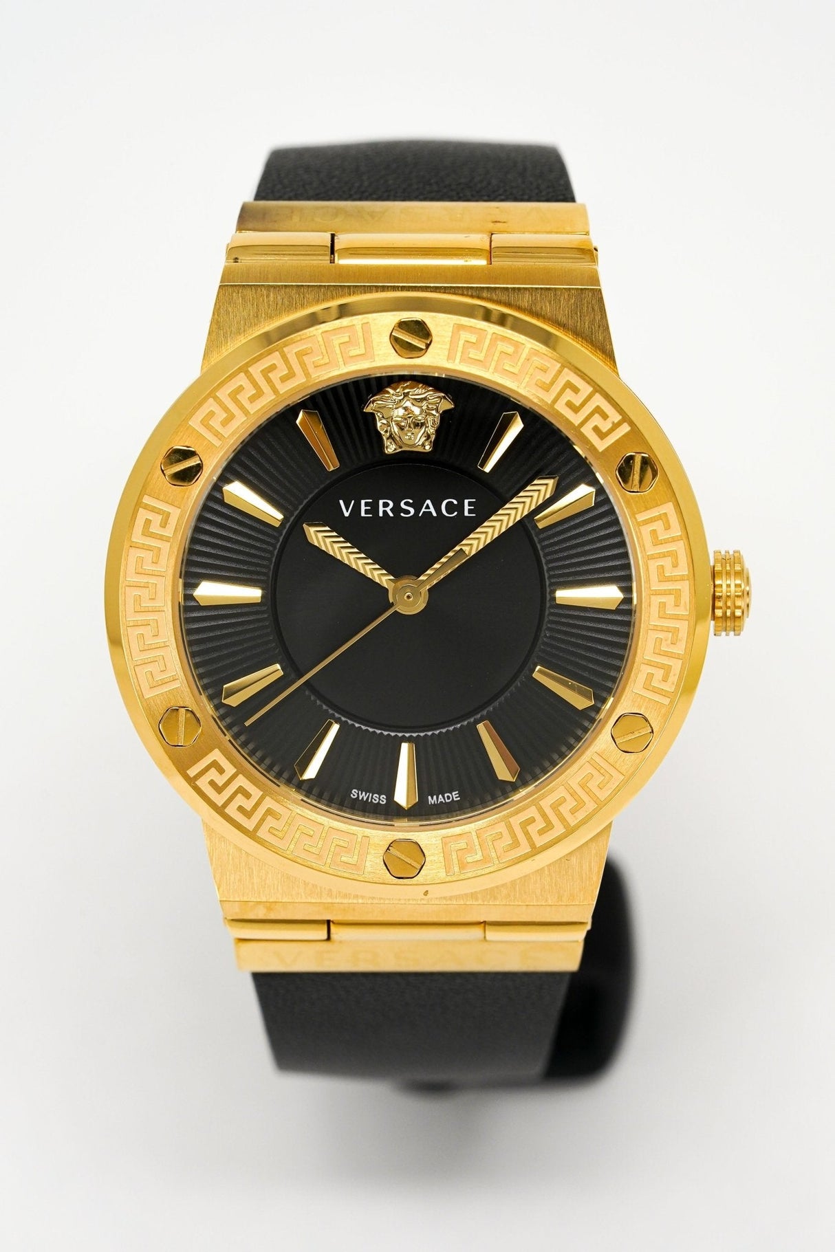 Versace Ladies Watch Greca Logo Gold Black Leather VEVH00320 - Watches & Crystals