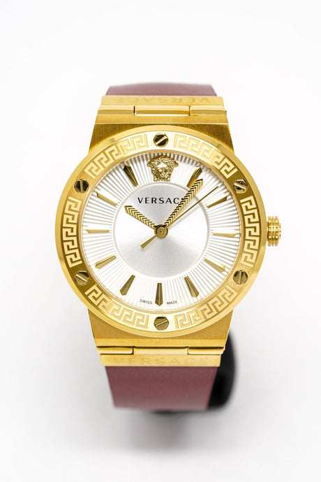 Versace Ladies Watch Greca Logo Gold Red Leather VEVH00420 - Watches & Crystals